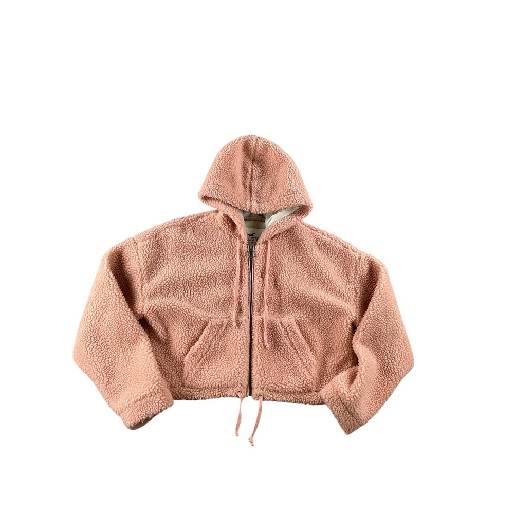 Hollister Womens Faux Fur Sherpa Zip Up Hoodie Pink Cropped Jacket Medium